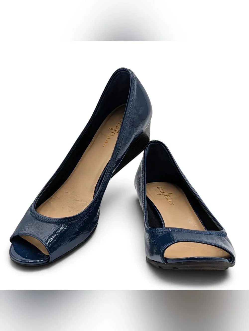 Cole Haan Size 6–6.5 Air Tali Patent Peep Toe Wedge Navy Blue Nike Air Comfort